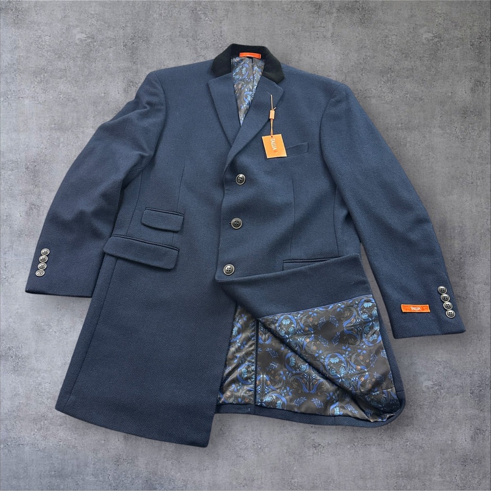 Tallia Topcoat Mens XL Navy Blue Herringbone Wool Blend Velvet Trim Jacket